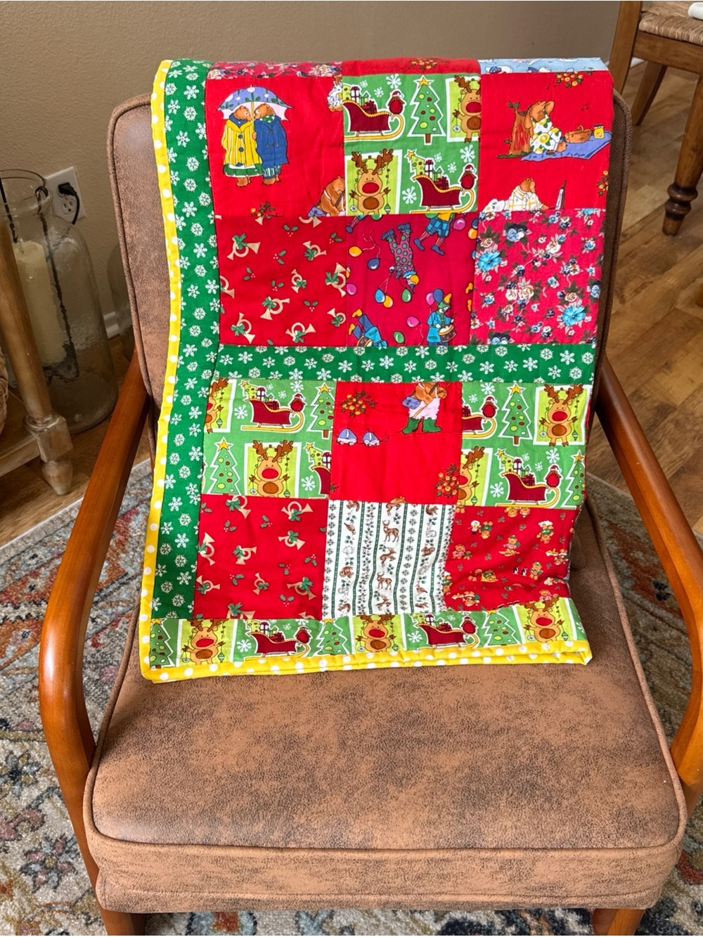 Handmade Christmas Patchwork Quilt 50x38 Holiday Reindeer Tree Sleigh Throw